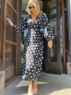 Glamorous Mono-Daisy Long Sleeve Wrap Midi-dress