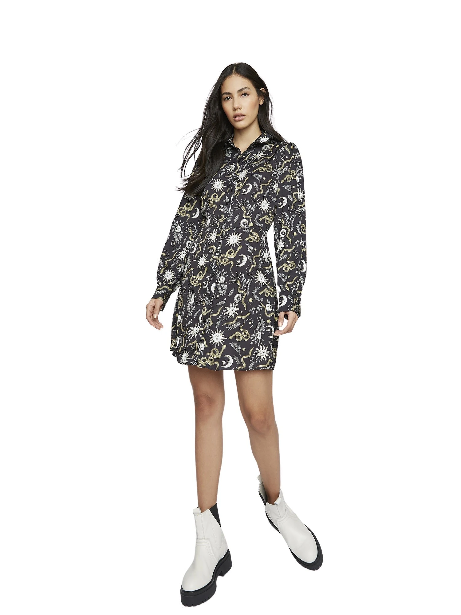 Glamorous Black Sun And Moon Print Long Sleeve Shirt Dress 4 Glamorous Black Sun And Moon Print Long Sleeve Shirt Dress - Image 2